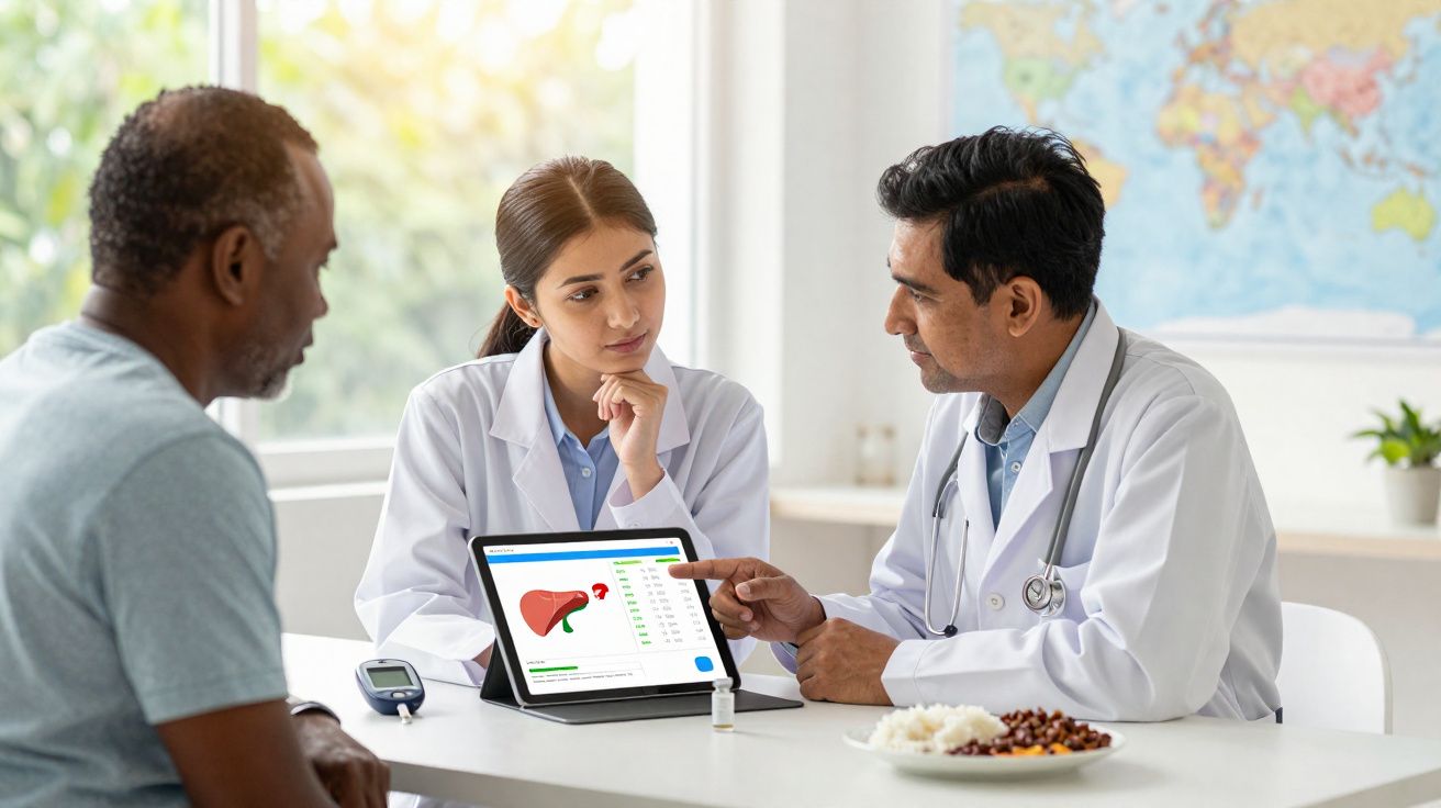 Dois médicos discutem resultados médicos num tablet com um paciente sentado à sua frente numa consulta.