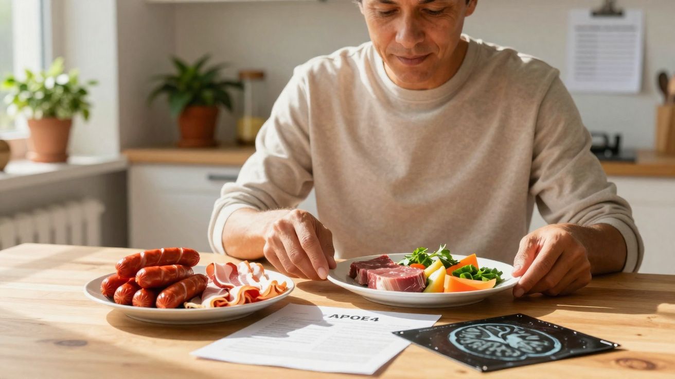 Homem sentado à mesa com dois pratos de carnes variadas e folhas verdes, observando documentos e exame cerebral.