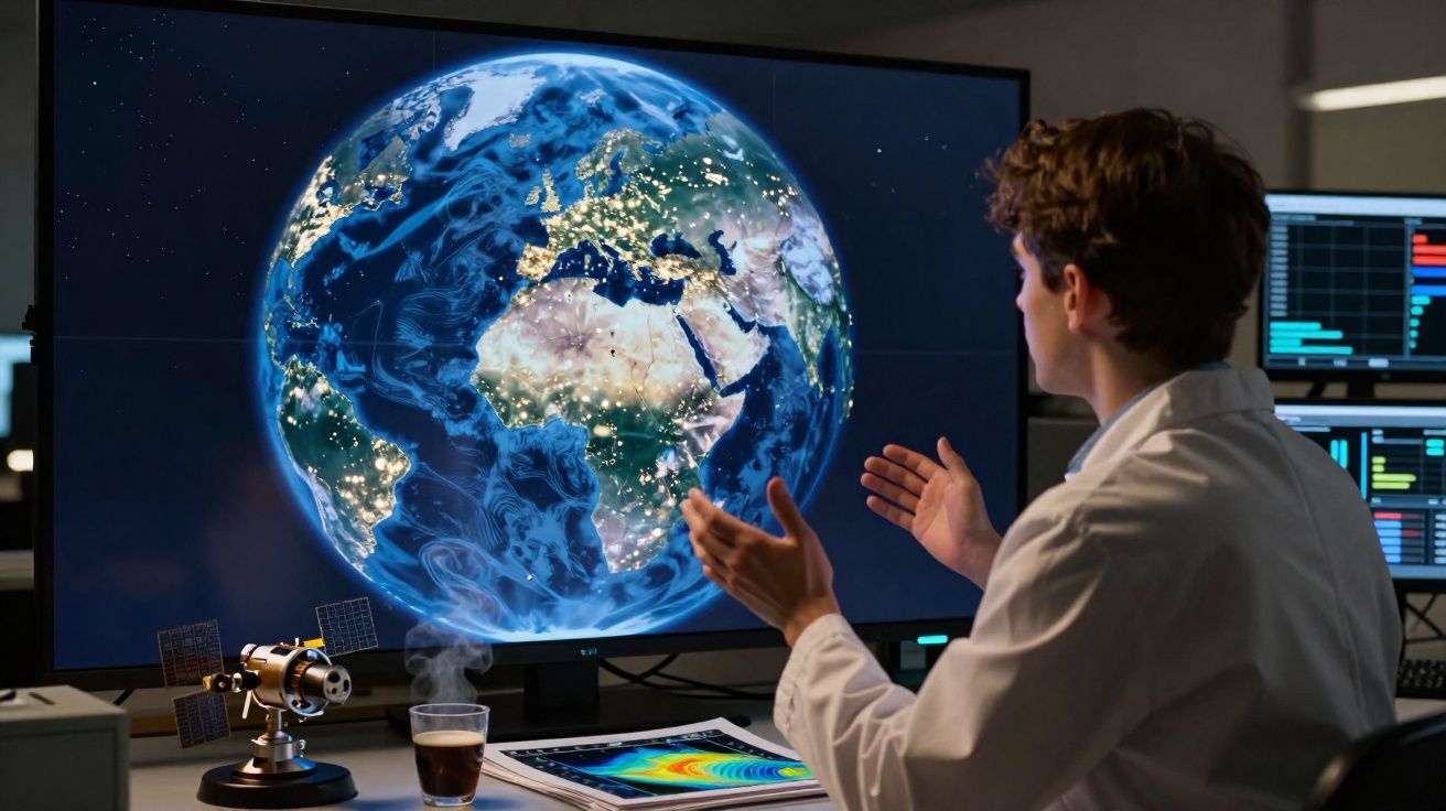 Cientista em laboratório observa globo terrestre digital com dados climáticos numa grande tela.