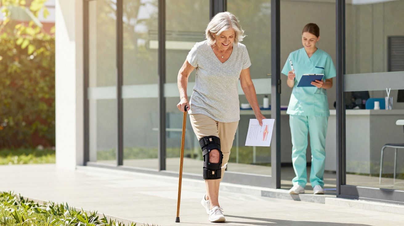 Idosa com joelheira e bengala a caminhar, acompanhada por profissional de saúde com prancheta.