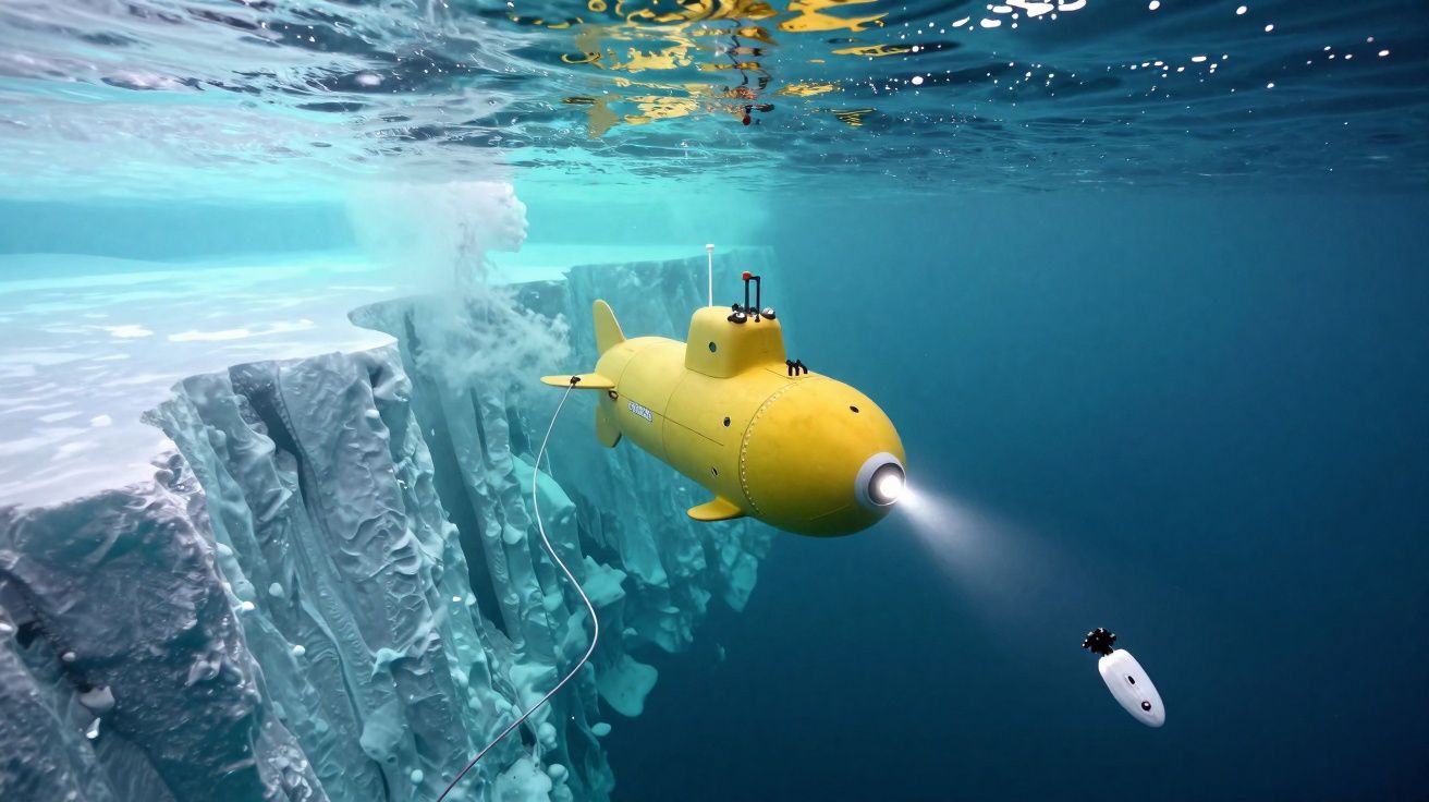 Submarino amarelo com luz frontal explora formação de gelo submersa no oceano polar.