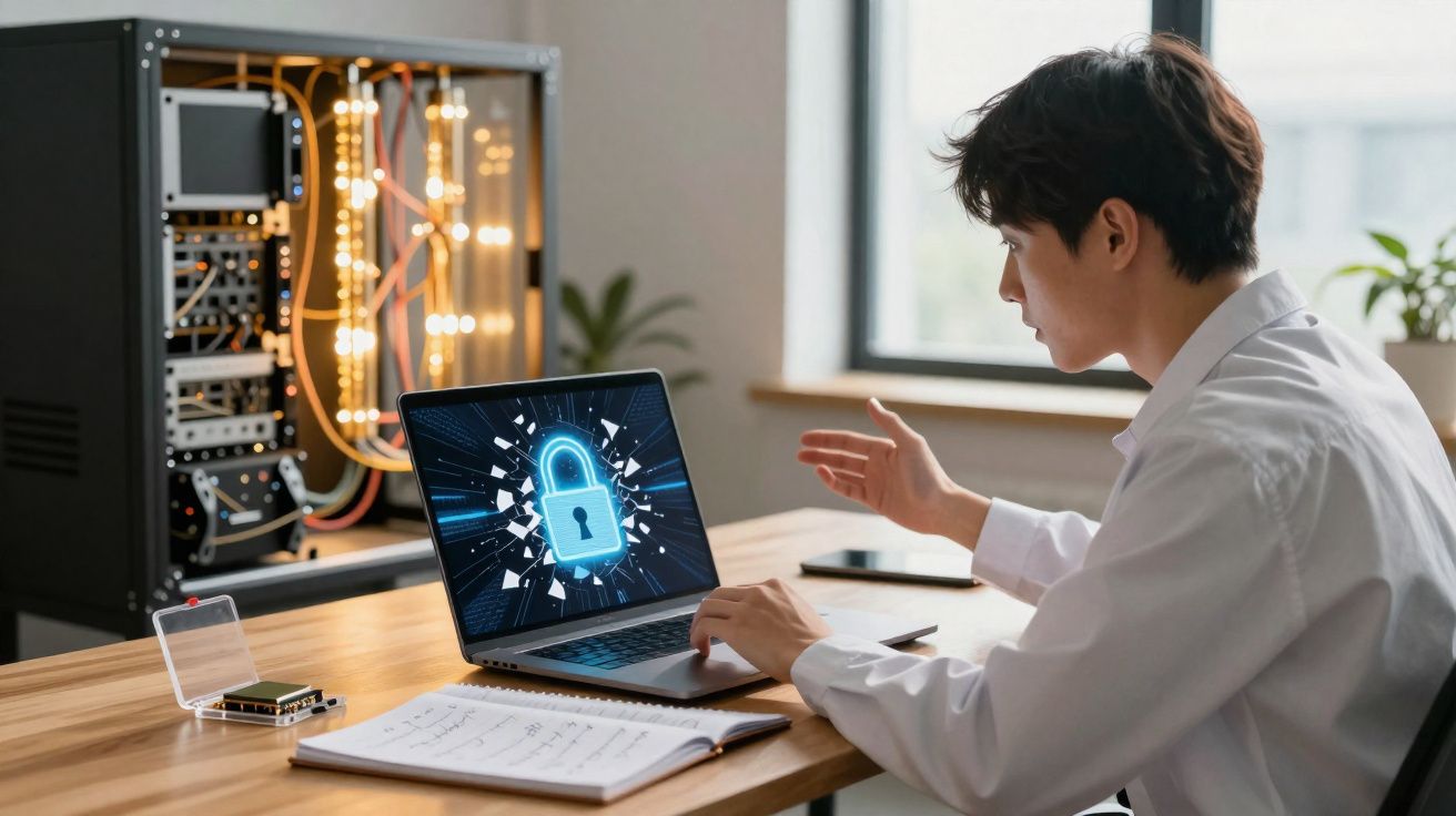 Pessoa a trabalhar num computador com imagem de cadeado digital numa sala com servidor e equipamento tecnológico.