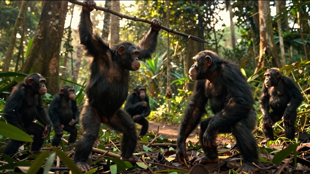 Grupo de chimpanzés na floresta, com um a segurar um pau acima da cabeça.