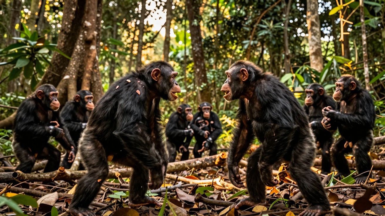 Grupo de chimpanzés interagindo numa floresta densa com folhas caídas no chão.