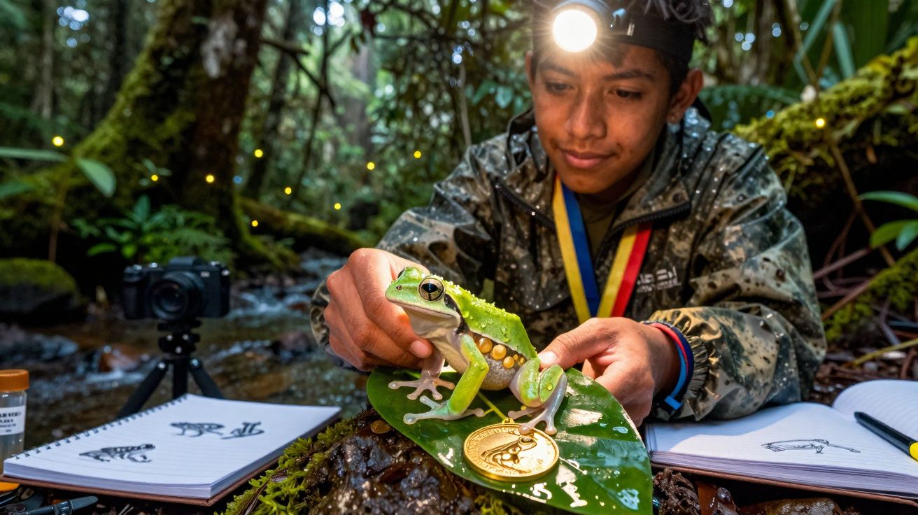 Biólogo em floresta com lanterna testa e estuda uma rã verde sobre uma folha com medalha dourada.