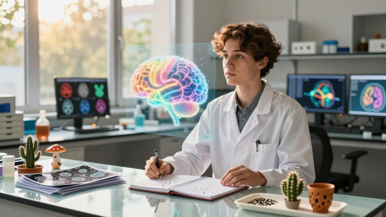 Jovem cientista em laboratório a observar imagem holográfica colorida do cérebro enquanto escreve em caderno.