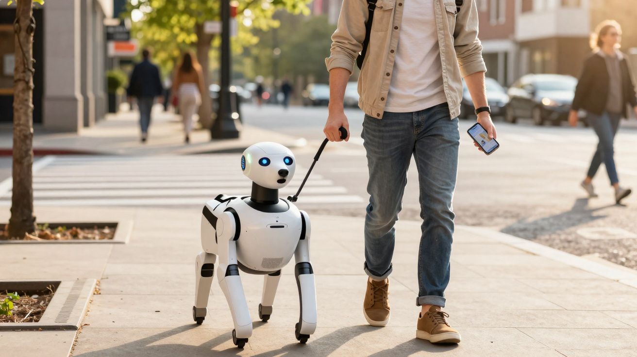 Pessoa passeia com cão robótico branco numa calçada urbana numa tarde ensolarada.