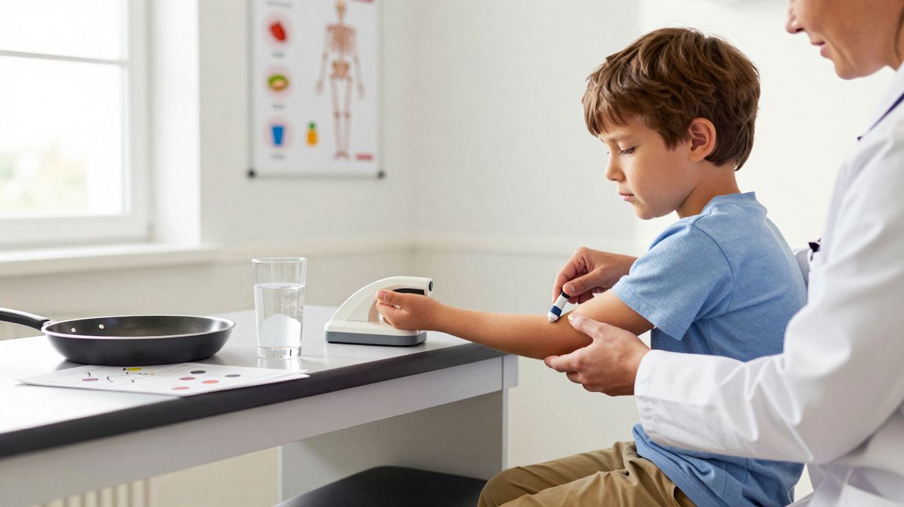 Criança com profissional de saúde a fazer análise de glicemia no braço num consultório clínico.