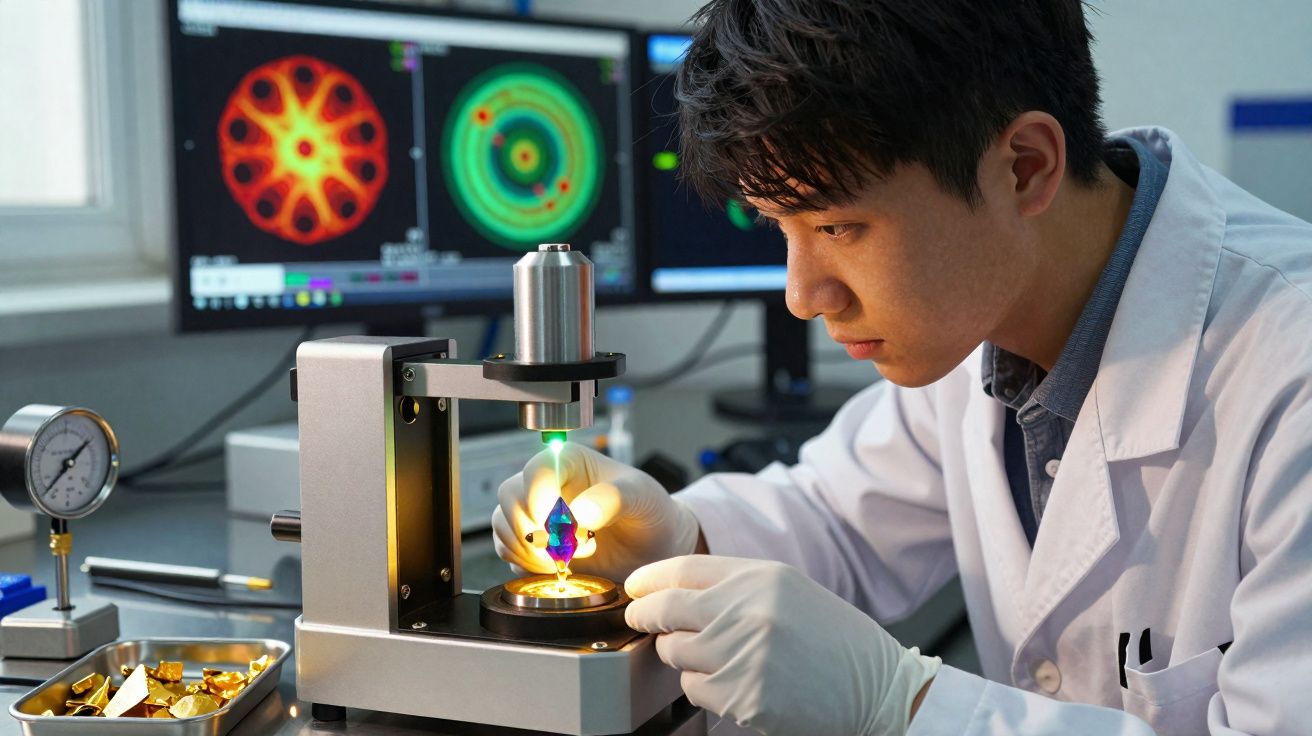 Cientista em laboratório a analisar uma gema colorida com equipamento e gráficos no ecrã ao fundo.