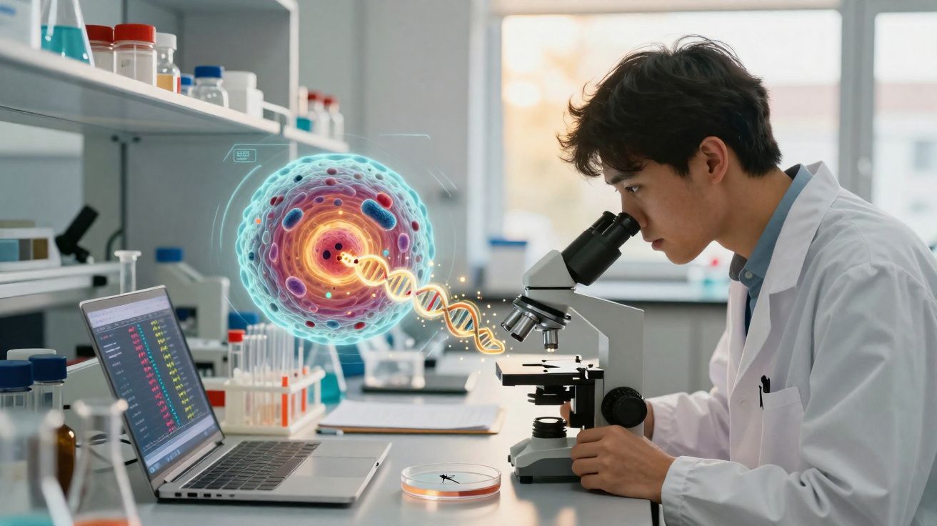 Cientista com bata branca observa célula e sequência de ADN num microscópio em laboratório moderno.