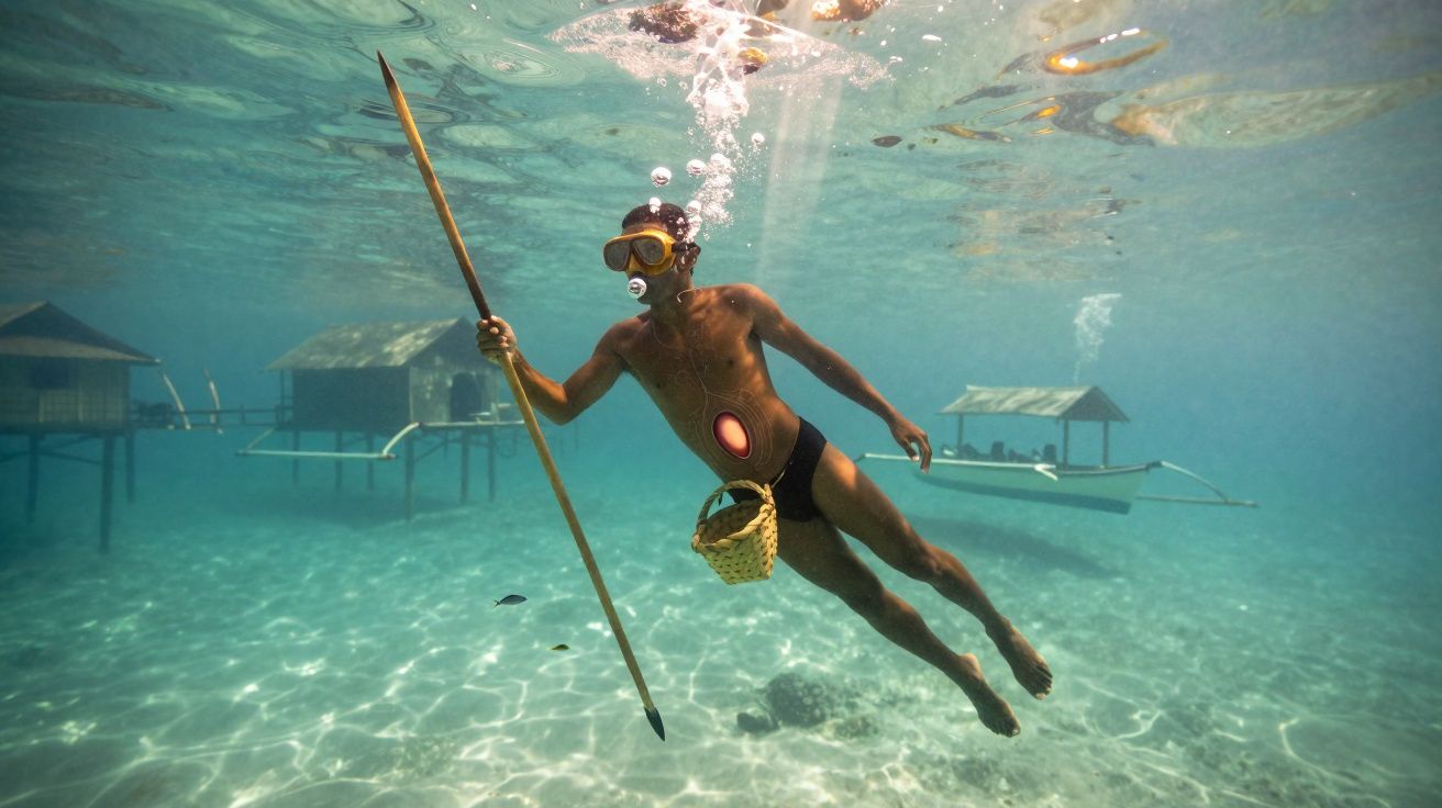 Homem mergulhador com arpão e máscara, a nadar debaixo de água perto de casas sobre estacas e um barco.