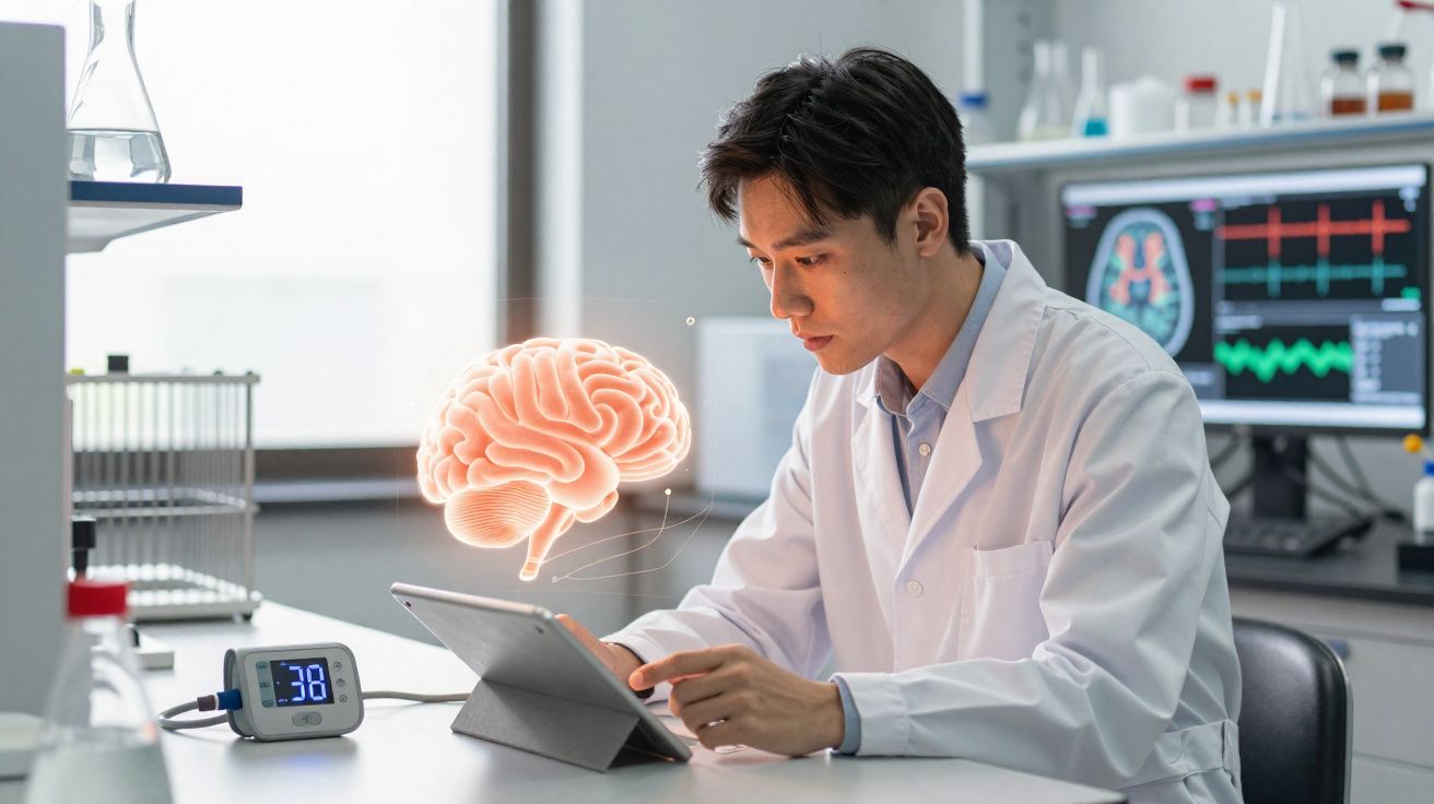 Cientista em laboratório a analisar modelo digital do cérebro num tablet, com equipamento médico à volta.