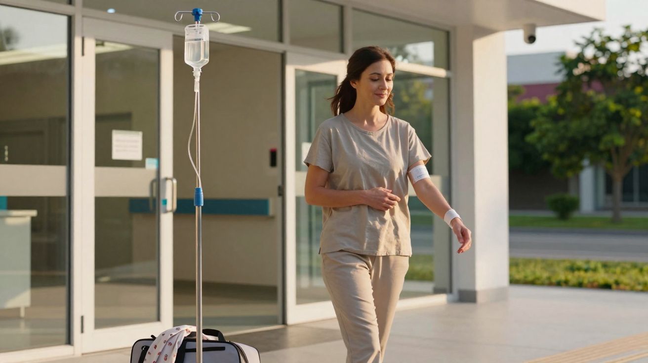 Mulher a caminhar com soro ligado no braço, saída de hospital, ambiente exterior e luz natural.