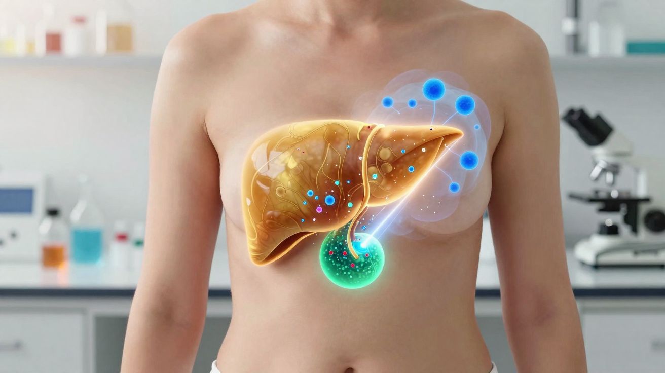 Pessoa com representação digital do fígado e sistema biliar em destaque no tronco superior.