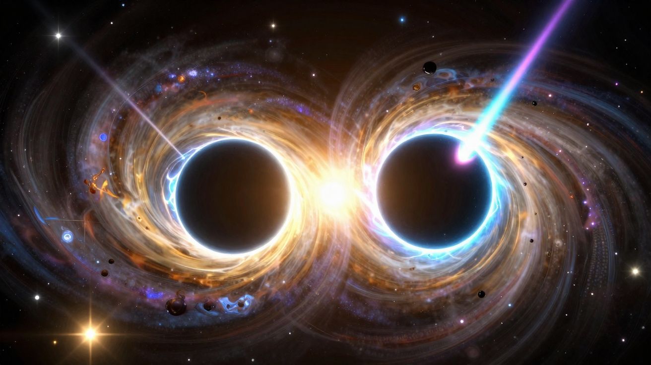 Dois buracos negros com discos de acreção brilhantes e jatos de energia no espaço profundo.