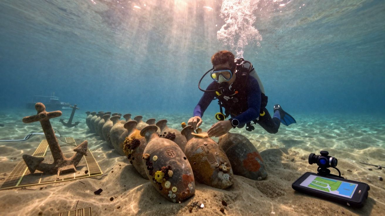 Mergulhador inspeciona ânforas antigas no fundo do mar com âncoras e dispositivo de mapeamento próximo.