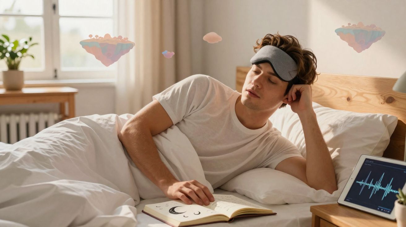 Homem a descansar na cama com máscara de dormir, livro aberto e monitor de sono ao lado.