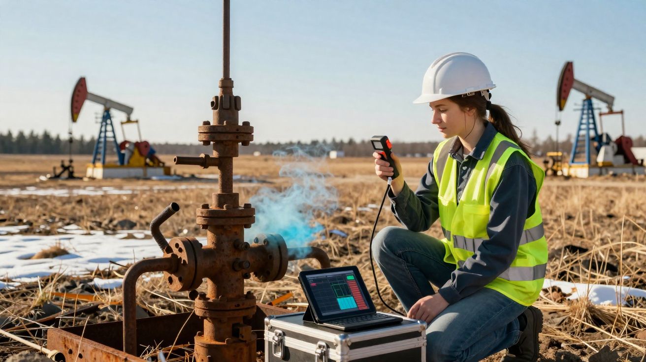 Mulher com capacete e colete a realizar teste de gás em campo de extracção petrolífera.