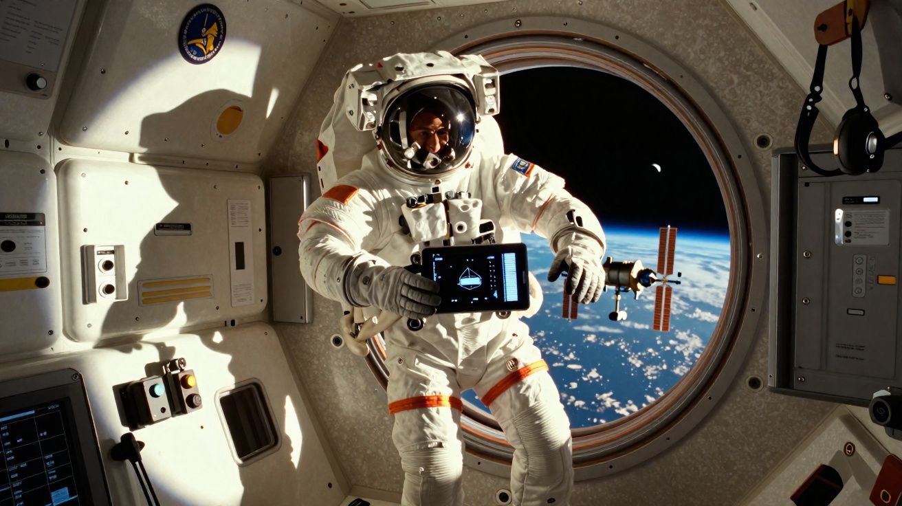 Astronauta em fato espacial dentro de estação espacial com vista da Terra e estação através da janela circular.