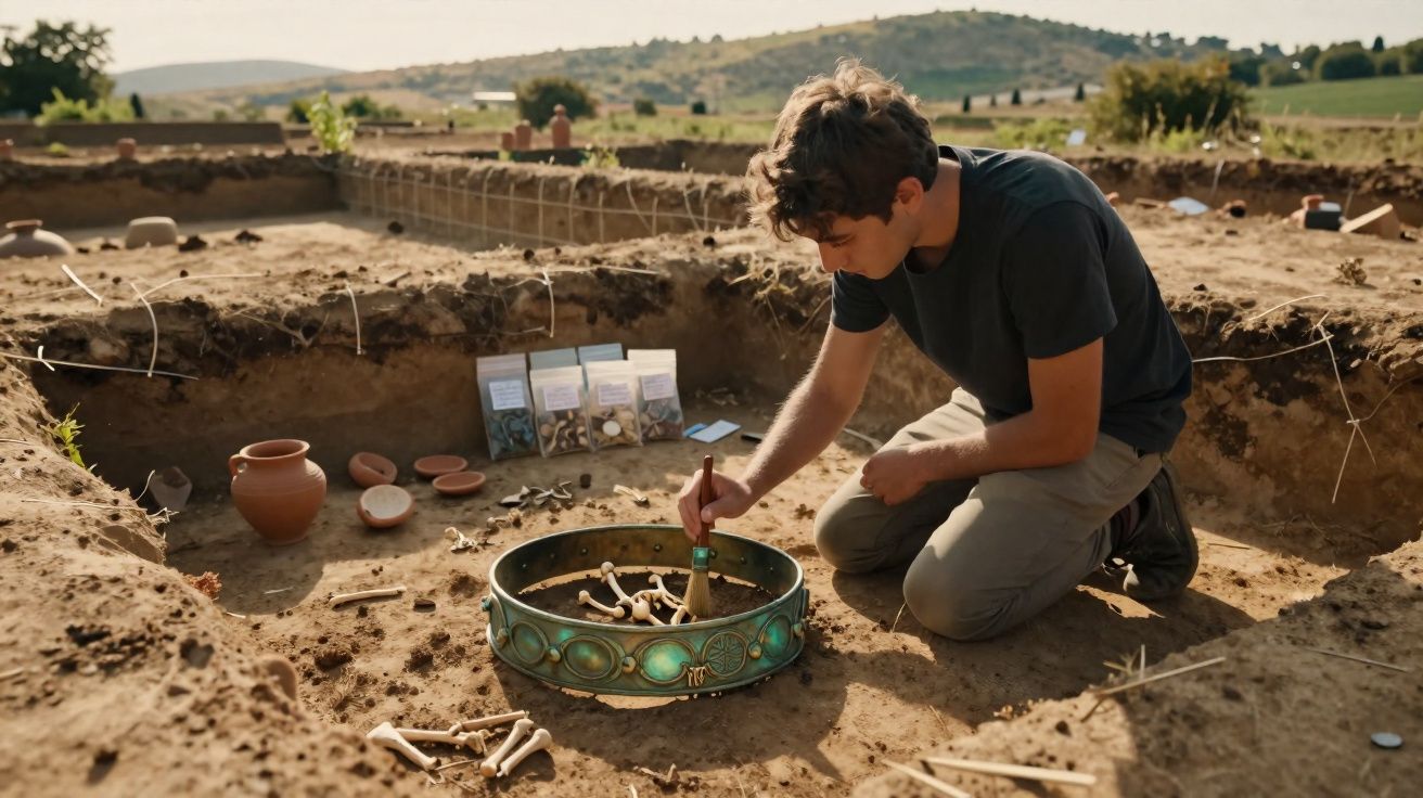 Jovem arqueólogo escava ossos antigos num sítio arqueológico ao ar livre, rodeado de artefactos e terra.