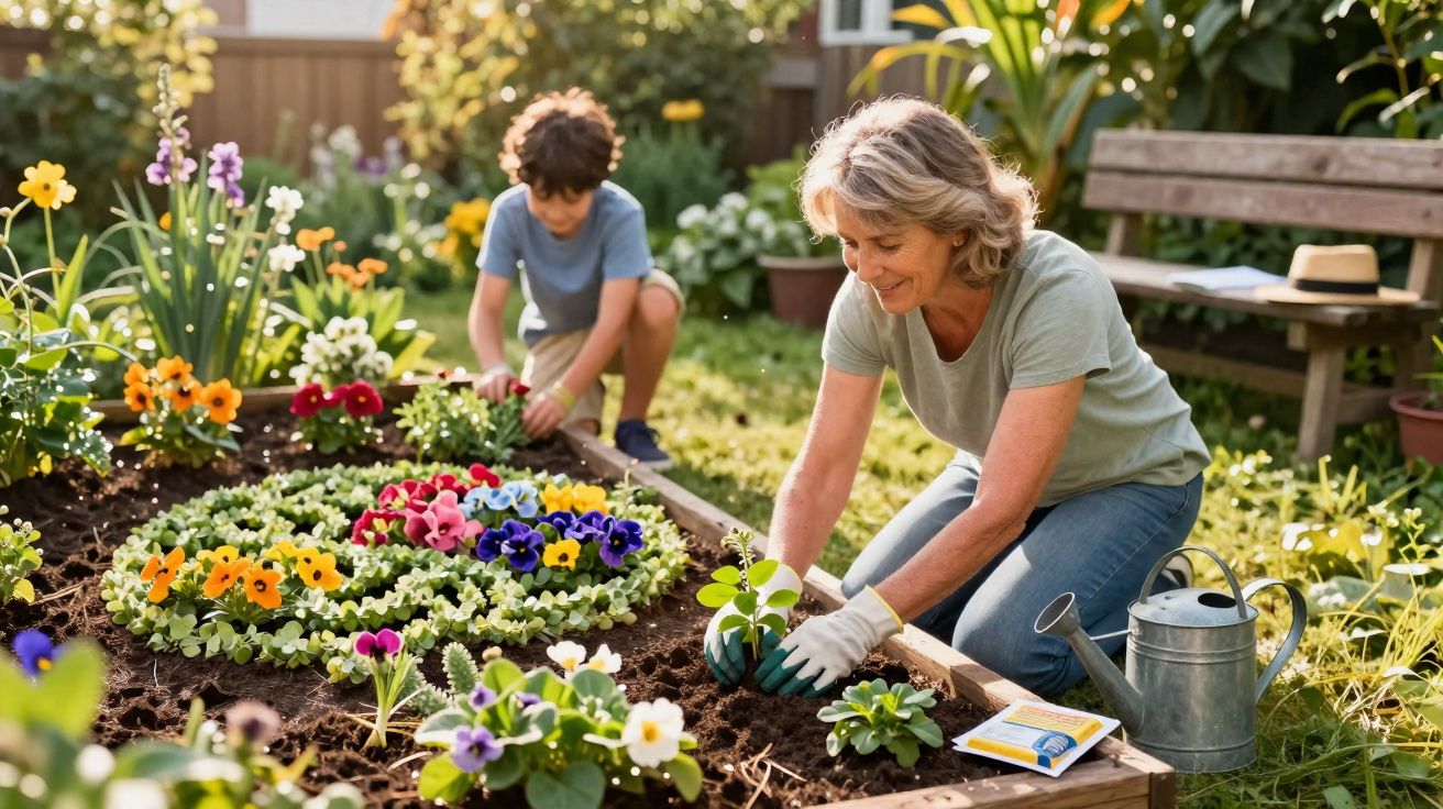 Mulher e criança a plantar flores coloridas num jardim ensolarado.