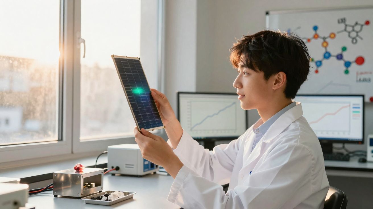 Homem em bata branca analisa célula solar em laboratório com computadores e gráfico ao fundo.