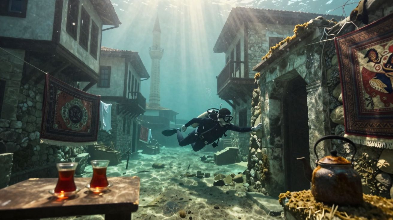 Mergulhador explora cidade submersa com casas de pedra, tapetes, chá turco e luz solar a penetrar a água.