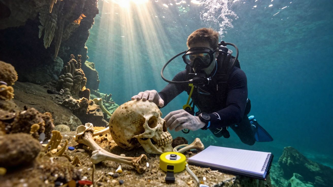 Mergulhador examina crânio humano e ossos no fundo do mar, com bloco de notas e fita métrica.