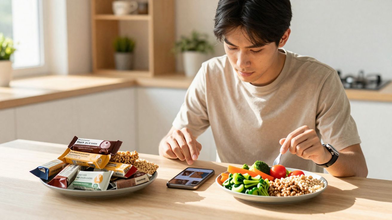 Homem jovem sentado à mesa com comida saudável e barras energéticas, olhando para o telemóvel.