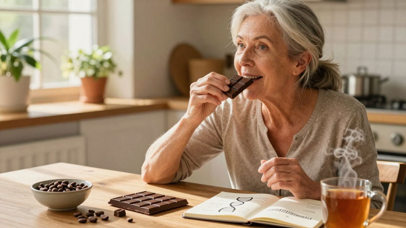 Mulher sénior a comer chocolate e a ler livro numa cozinha com chá quente na mesa.