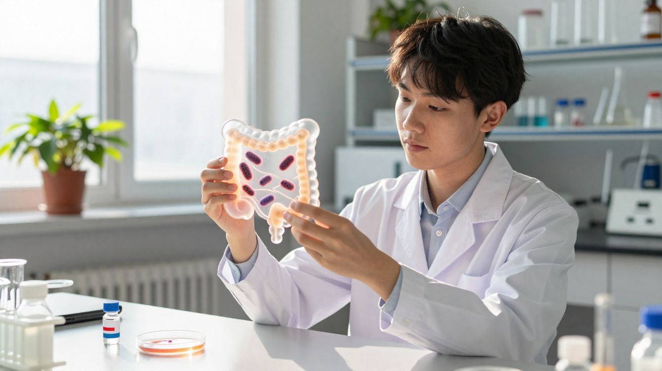 Cientista em laboratório a estudar modelo transparente do intestino com bactérias ilustradas.