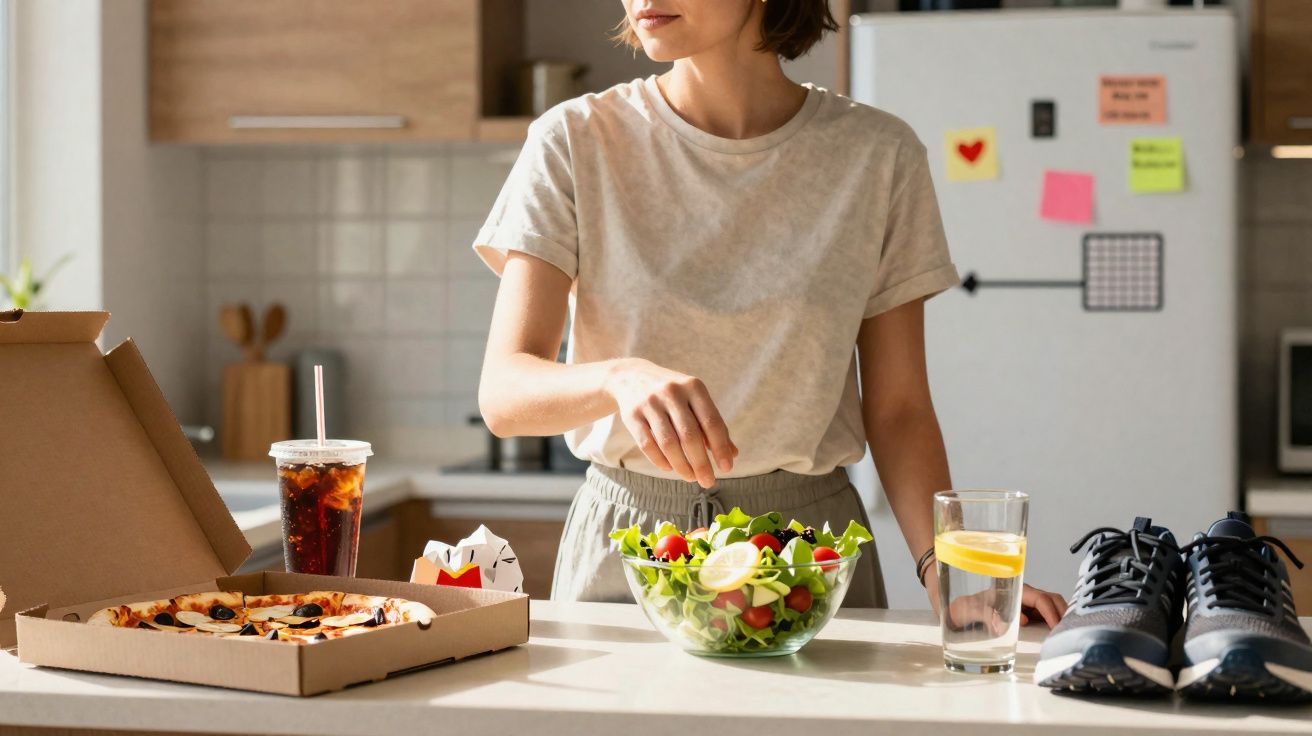 Mulher a temperar salada numa cozinha moderna com pizza, refrigerante, copo de água e ténis na bancada.