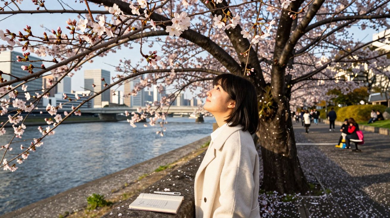Mulher observa flores de cerejeira junto a um rio numa cidade com edifícios ao fundo ao pôr do sol.