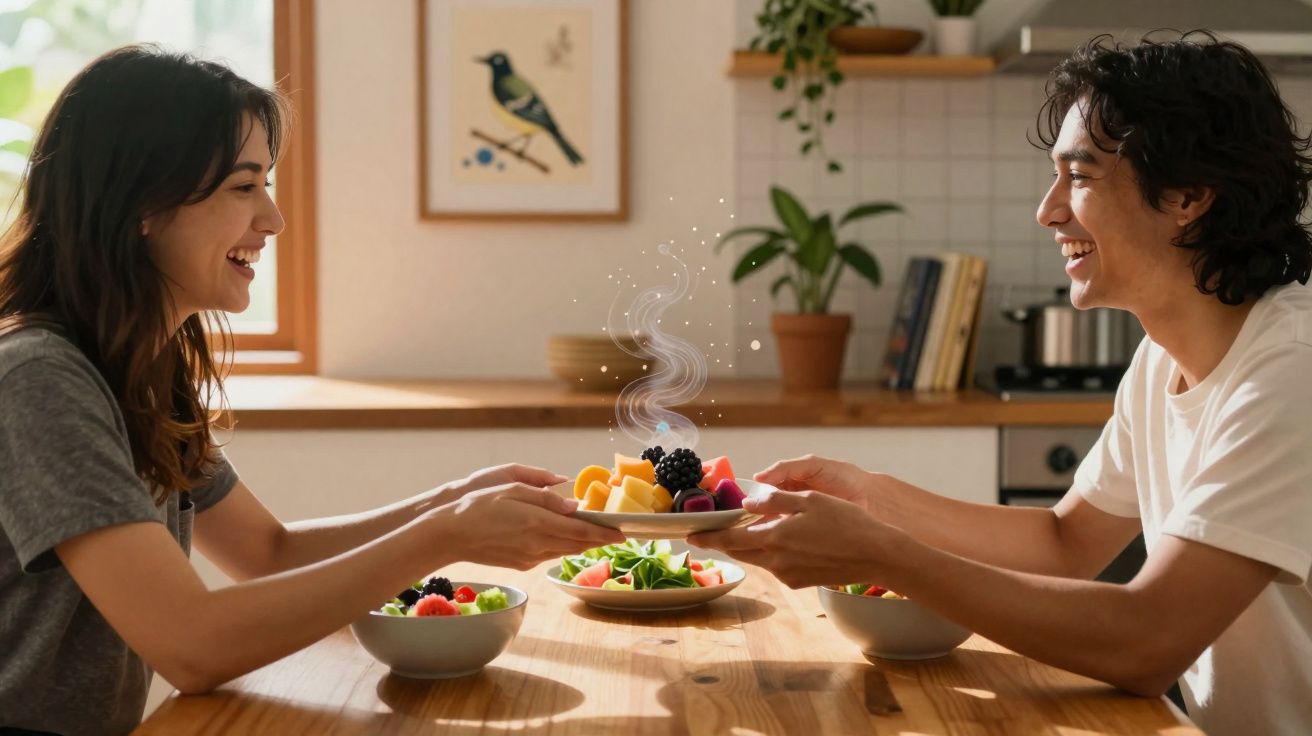 Casal jovem sorridente a trocar um prato de frutas numa cozinha luminosa e acolhedora.