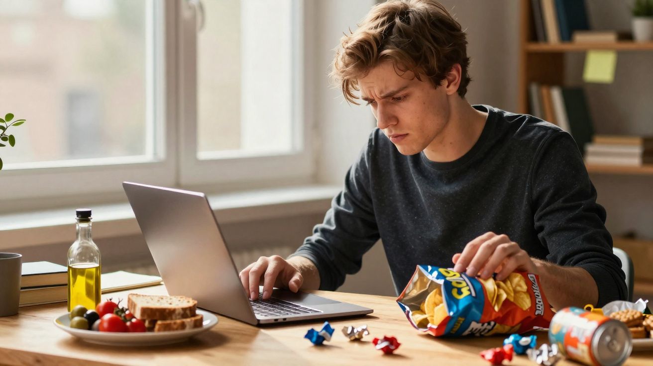 Homem jovem a trabalhar no computador portátil enquanto come batatas fritas num ambiente doméstico.