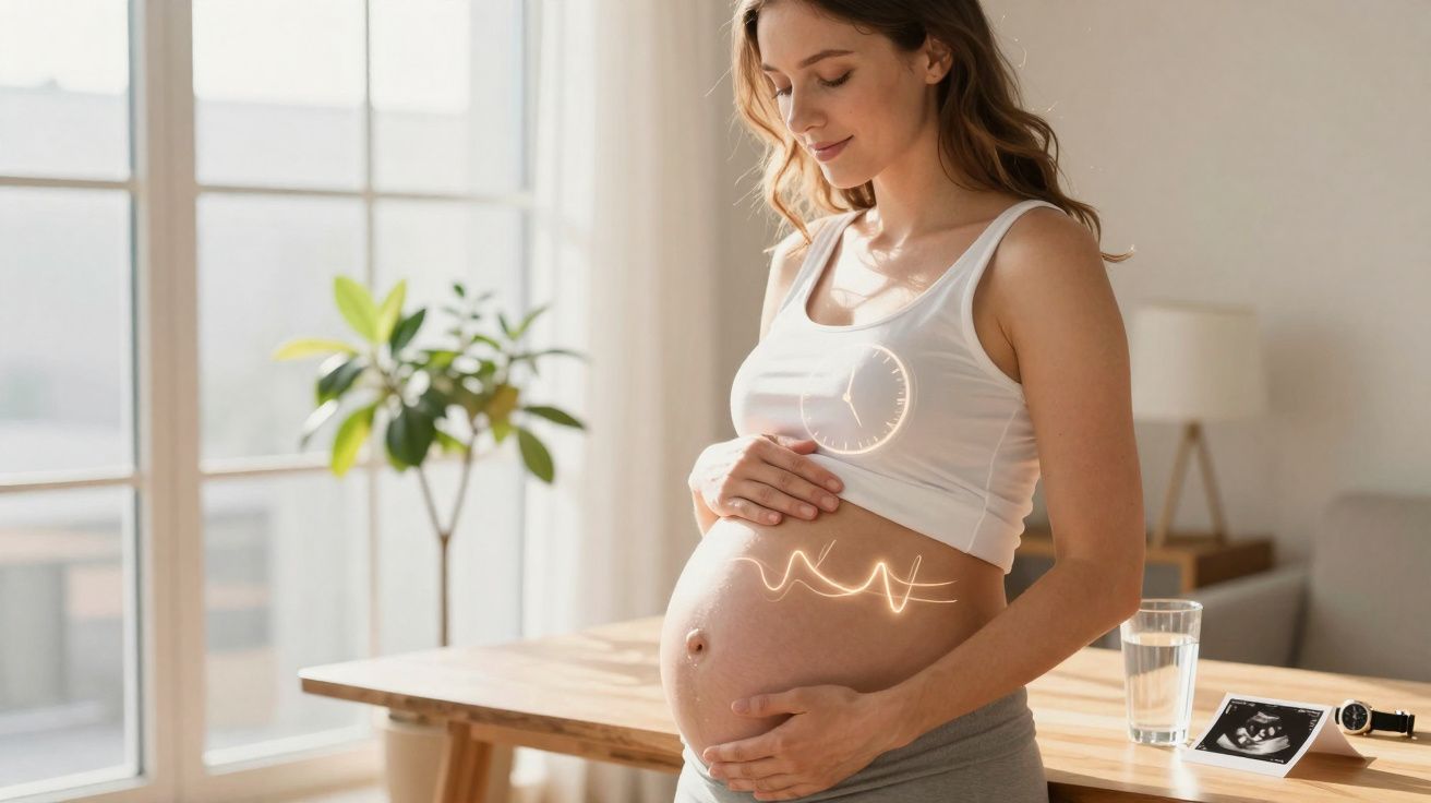 Mulher grávida em ambiente luminoso, segurando a barriga com ilustrações de relógio e batimentos cardíacos.