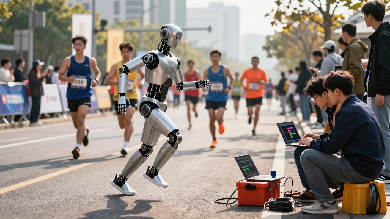 Robô a correr numa estrada durante uma corrida, com pessoas a observar e controlar equipamentos eletrónicos.