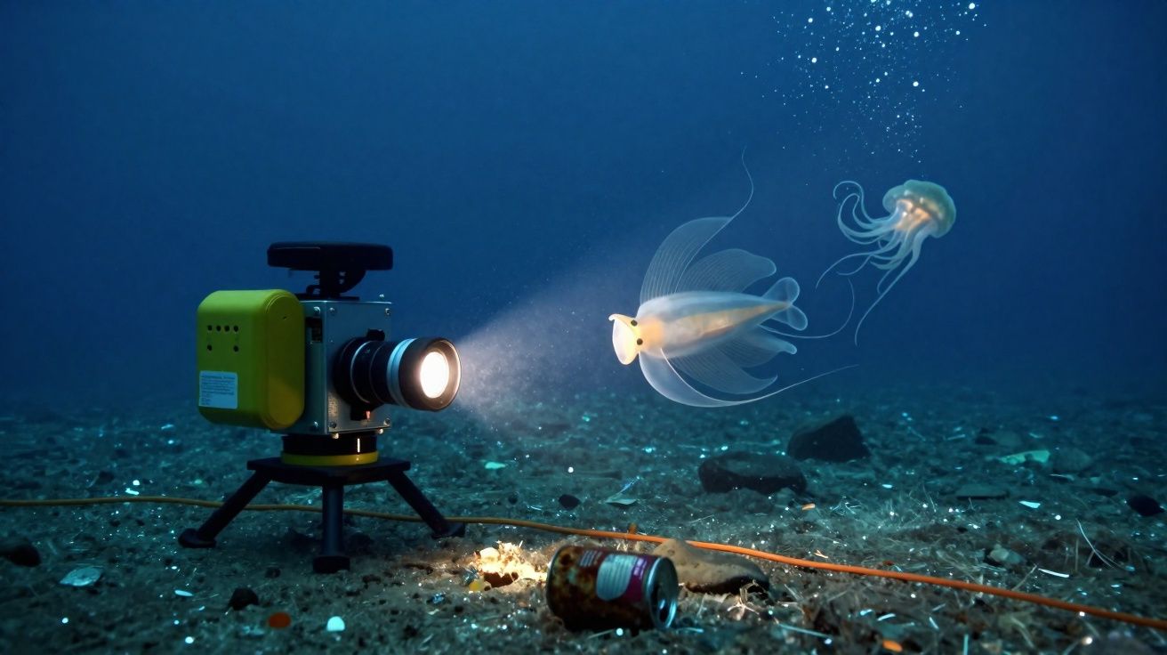 Câmara subaquática iluminando peixe transparente e água-viva no fundo do mar com lixo.