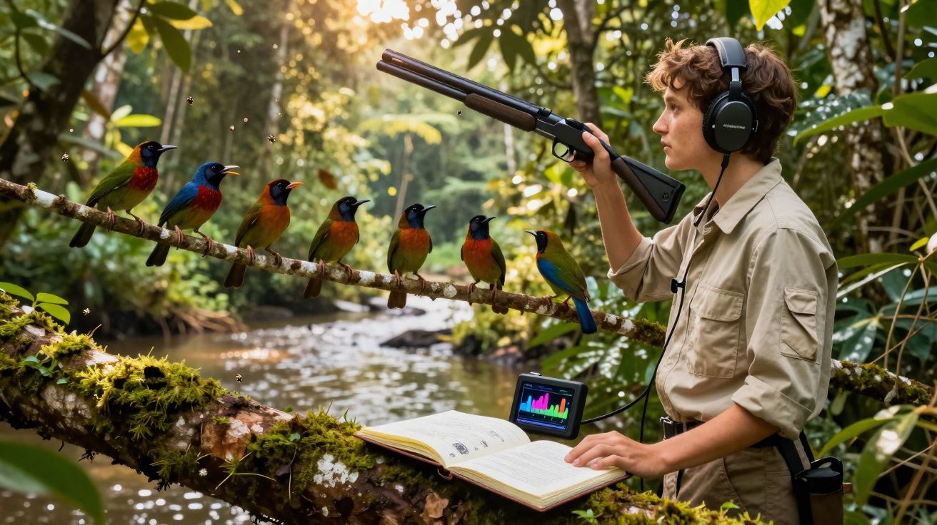 Pessoa com auscultadores segura espingarda perto de aves coloridas pousadas num tronco numa floresta junto a um rio.