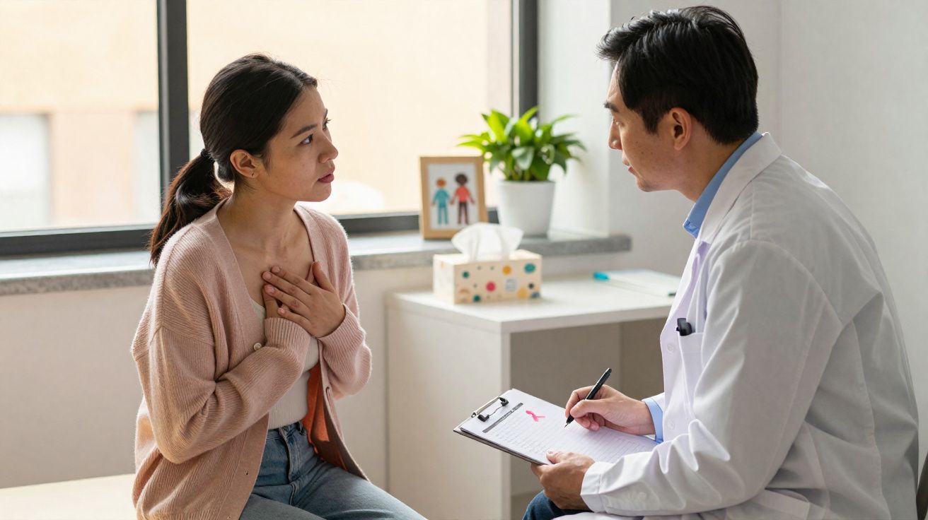 Mulher com mãos no peito a conversar com médico em consulta num consultório iluminado.