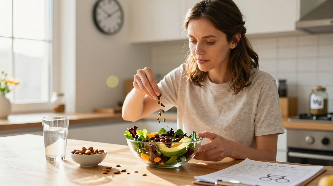 Mulher a temperar salada saudável numa cozinha luminosa com vidro de água e documentos na mesa.