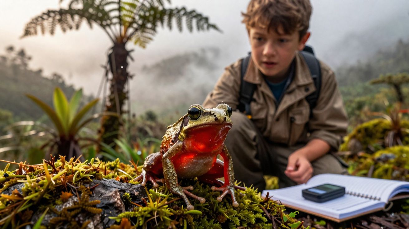 Criança em roupa de explorador observa uma rã vermelha numa floresta húmida com caderno aberto ao lado.