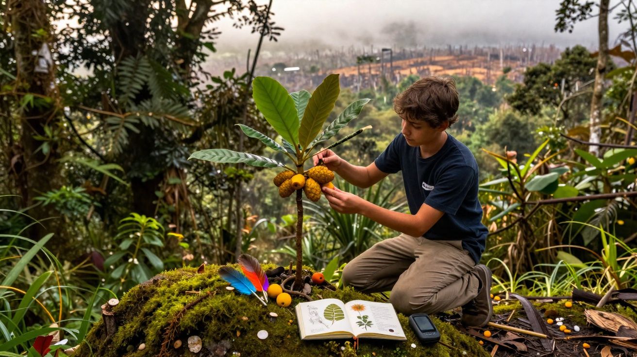 Rapaz examina planta exótica numa floresta, com livro aberto e floresta desmatada ao fundo.
