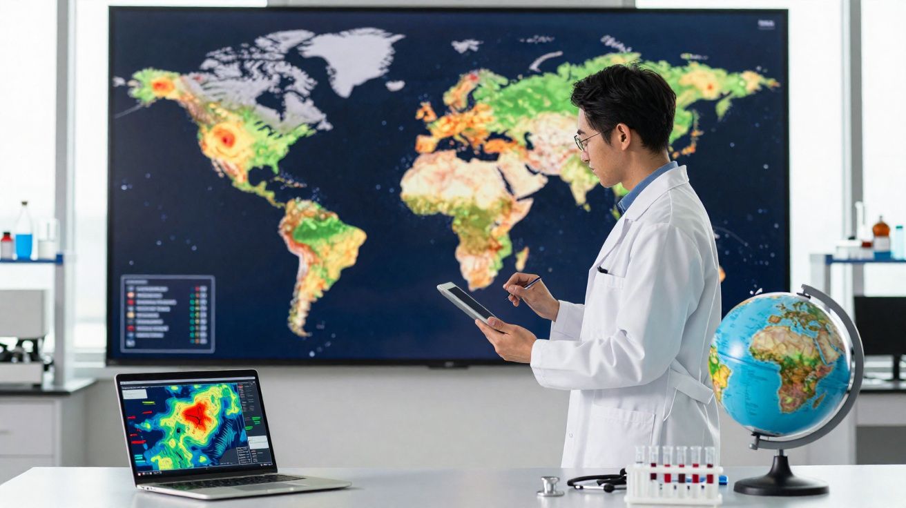 Homem de bata branca com tablet diante de mapas do mundo e globo terrestre numa sala de laboratório.