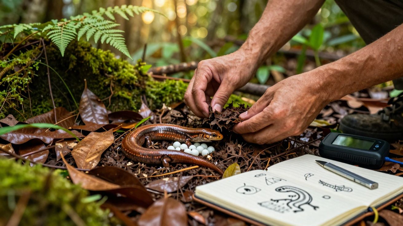 Mãos de pessoa a cobrir ovos de salamandra num ninho em floresta, com caderno e dispositivo ao lado.