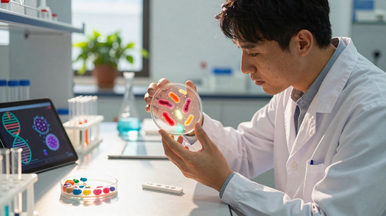 Cientista com bata branca analisa amostra colorida em placa de Petri num laboratório moderno.
