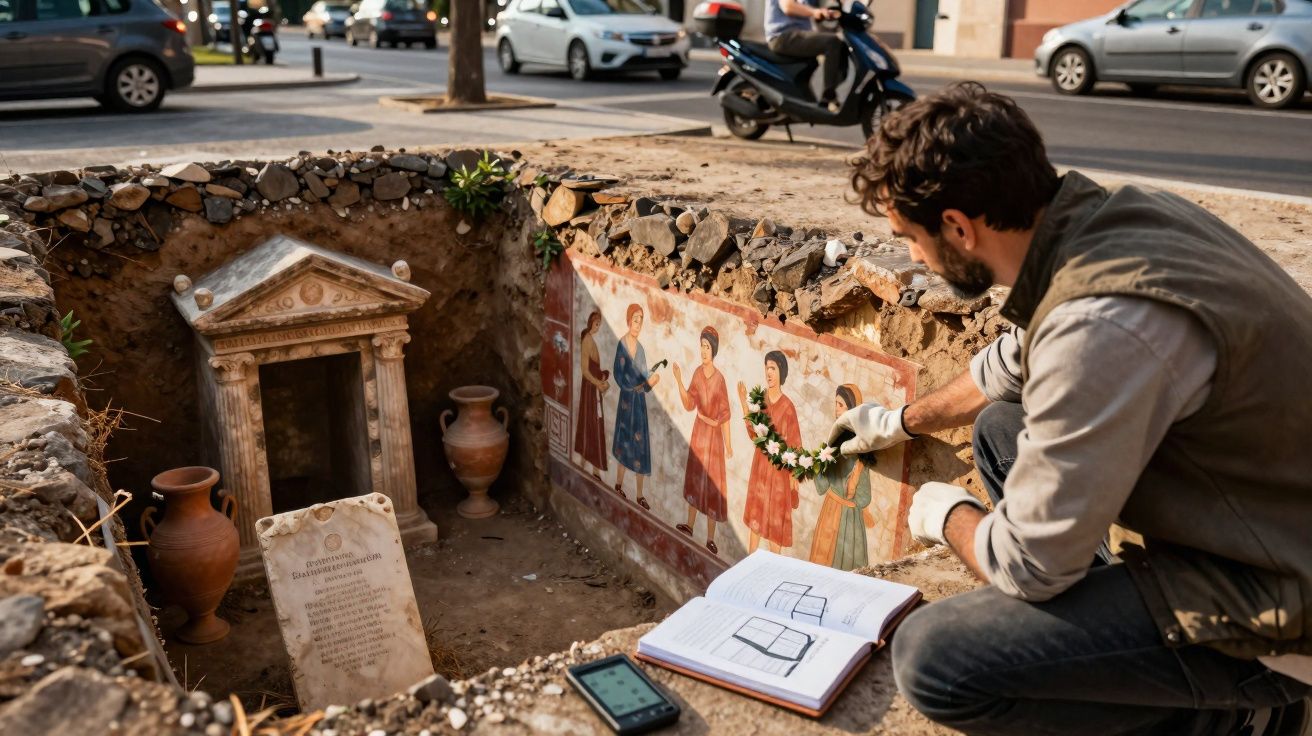 Arqueólogo examina e decora uma escavação urbana com fresco antigo e urnas de cerâmica.