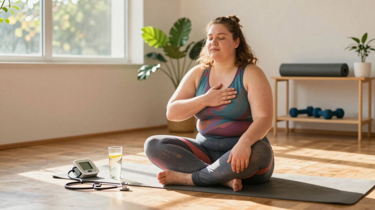 Mulher a fazer exercício de respiração sentada em tapete de yoga numa sala iluminada.