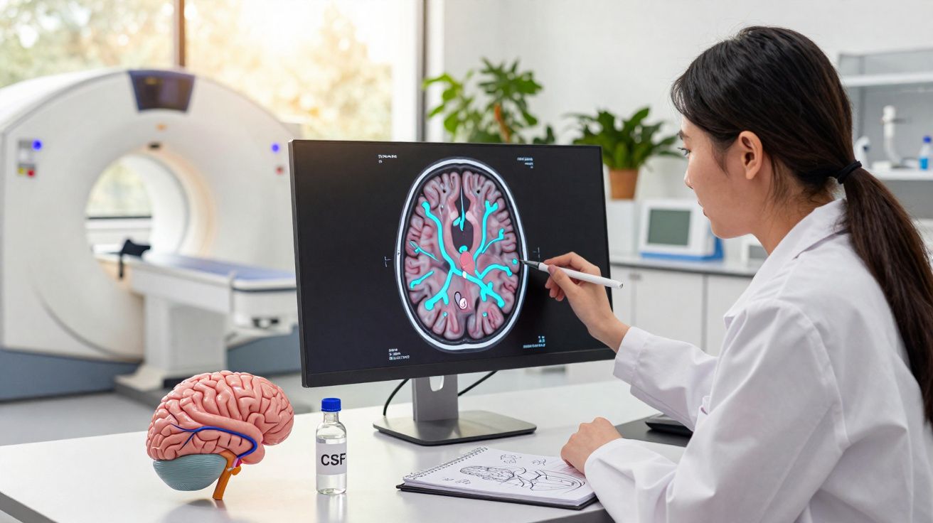 Médica a analisar imagem de ressonância magnética cerebral num ecrã com modelo e frasco de fluido cerebrospinal.