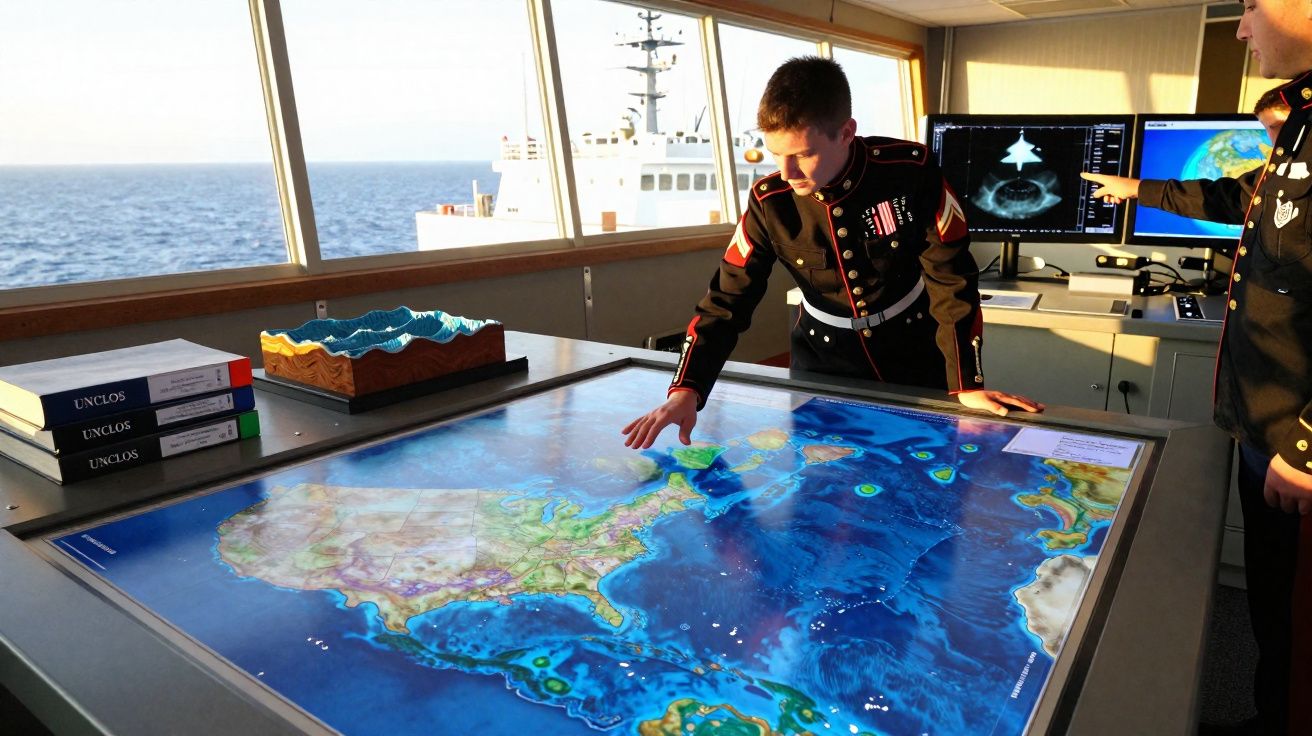 Militar em uniforme numa sala de controlo naval a interagir com um mapa digital tátil do oceano Atlântico.